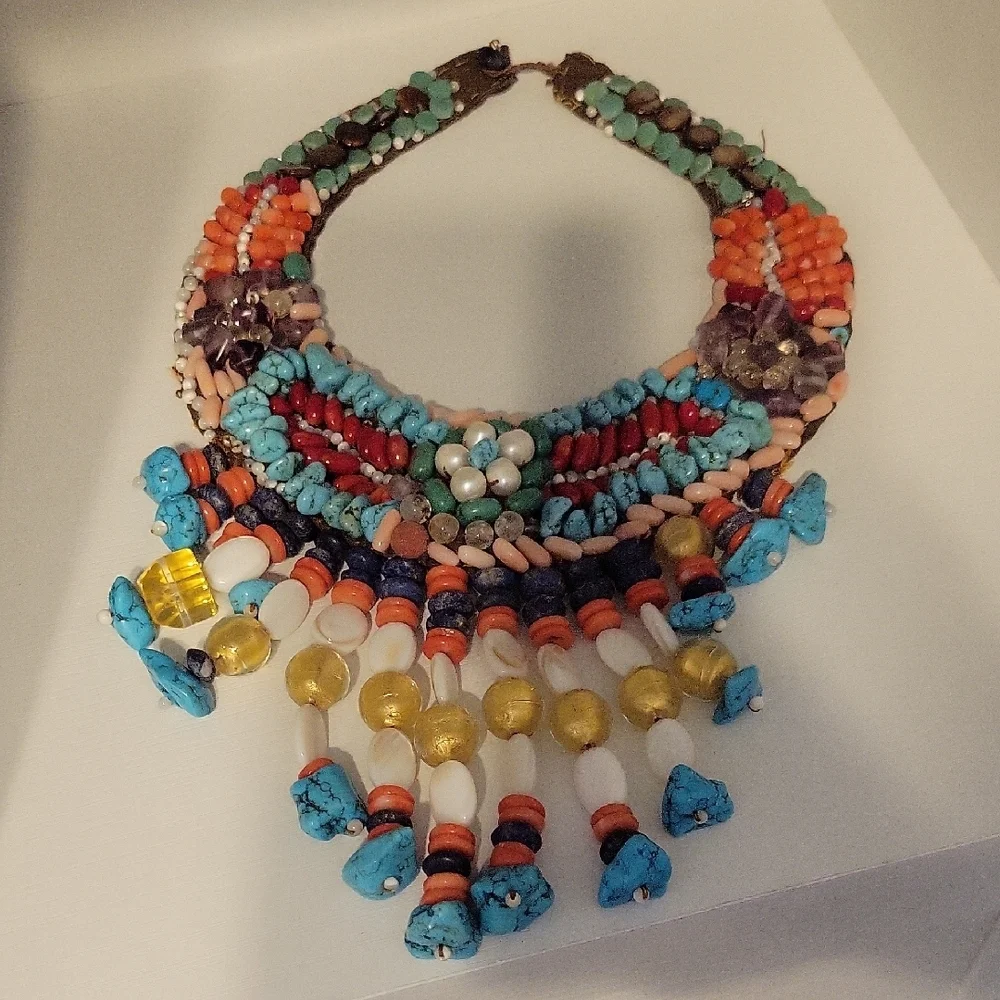 Hand Stitched Vtg Turquois,Red,Pink Coral,Fresh Pearls, Amethyst, Lapis gemstone - Picture 1 of 7
